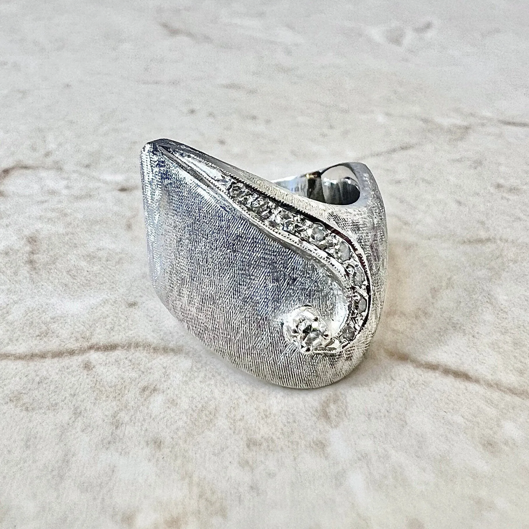 Wide Vintage Handcrafted 14 Karat White Gold Diamond Band Ring