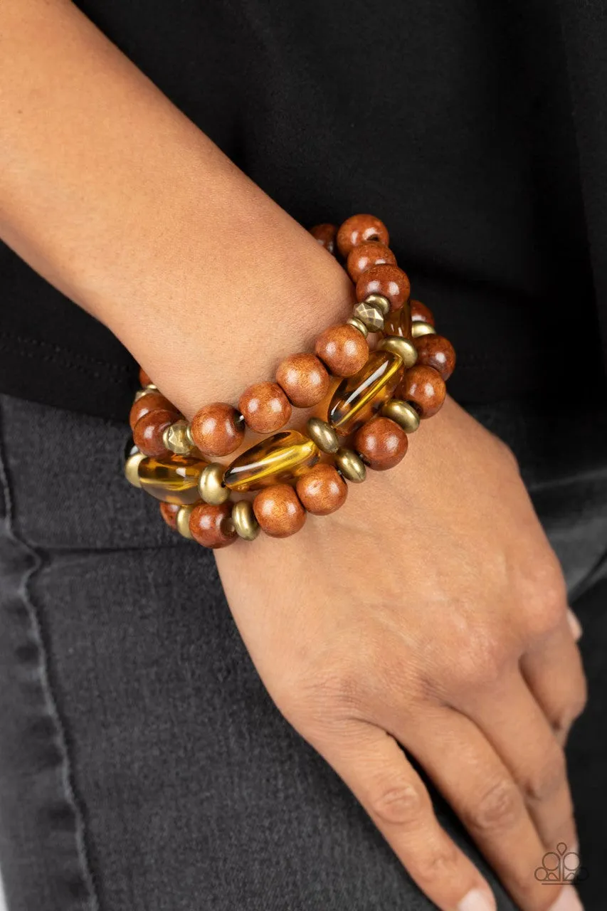 WILD-Mannered - Brass - Brown Cheetah Print Bead Paparazzi Stretchy Bracelet