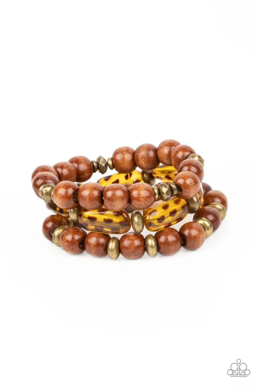 WILD-Mannered - Brass - Brown Cheetah Print Bead Paparazzi Stretchy Bracelet