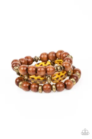 WILD-Mannered - Brass - Brown Cheetah Print Bead Paparazzi Stretchy Bracelet