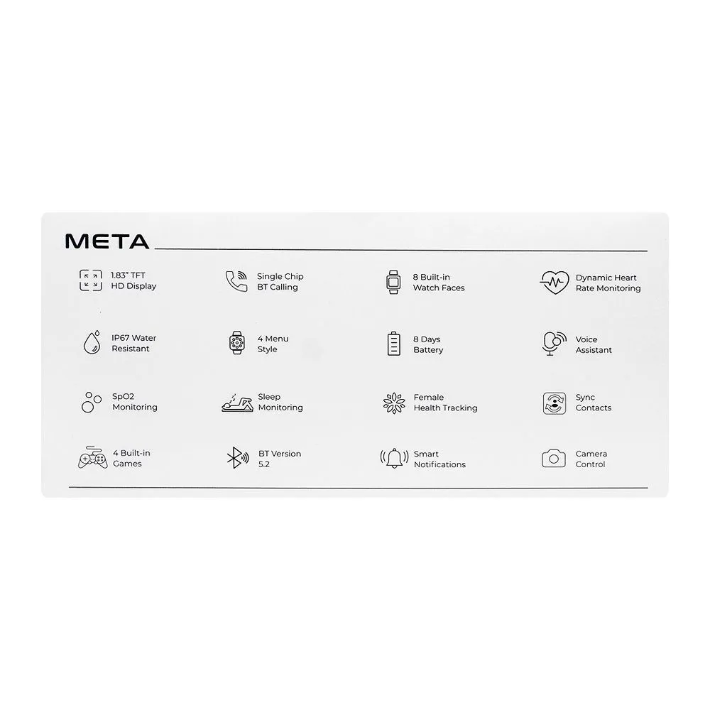 Zero 1.83" TFT HD Display Meta Smart Watch, BT Calling, 100  Watch Faces & Sports Modes, 8 Days Battery, Black Chain