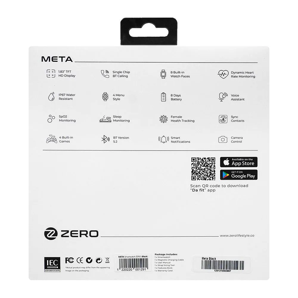 Zero 1.83" TFT HD Display Meta Smart Watch, BT Calling, 100  Watch Faces & Sports Modes, 8 Days Battery, Black Chain